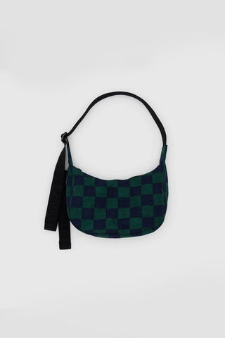 BAGGU Small Nylon Crescent Bag Navy Green Check